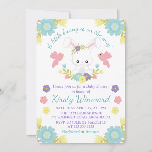 Baby shower van Floral Easter Bunny & Spring Birds Kaart (Voorkant)