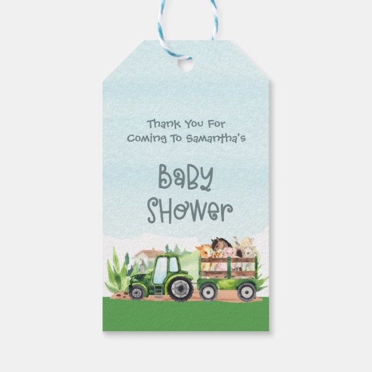 Baby shower van groene tractorboys voor landbouwhu cadeaulabel (Achterkant)