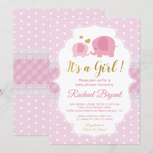 Baby shower van het liefje Pink Gold Lace Elephant Kaart