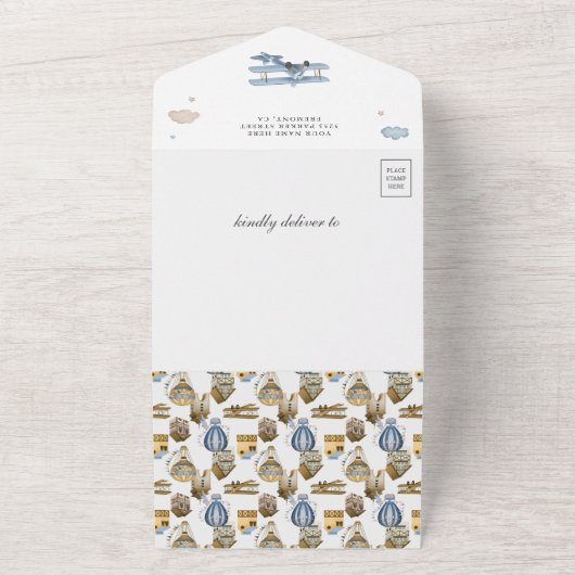 Baby shower van het  retroblauw vliegtuig all in one uitnodiging (Buitenkant)