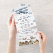 Baby shower van het  retroblauw vliegtuig all in one uitnodiging (Afscheurbaar)