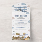 Baby shower van het  retroblauw vliegtuig all in one uitnodiging (Binnen)