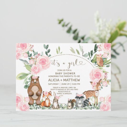 Baby shower van houtdieren, roze rozen. kaart (Staand voorkant)