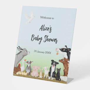 Baby shower van landbouwhuisdieren welkom voetteke reclamebord met voetstuk