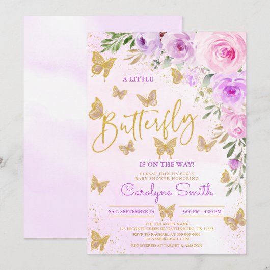 Baby shower van Lavender Floral Butterfly Kaart (Voorkant / Achterkant)