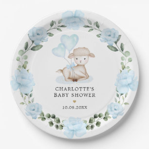 Baby shower van Little Lamb Blue Floral Greenery Papieren Bordje