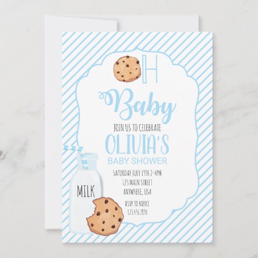 Baby shower van melk en koekjes blauw kaart (Voorkant)