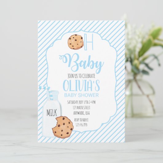 Baby shower van melk en koekjes blauw kaart (Staand voorkant)