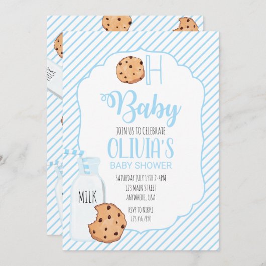 Baby shower van melk en koekjes blauw kaart (Voorkant / Achterkant)