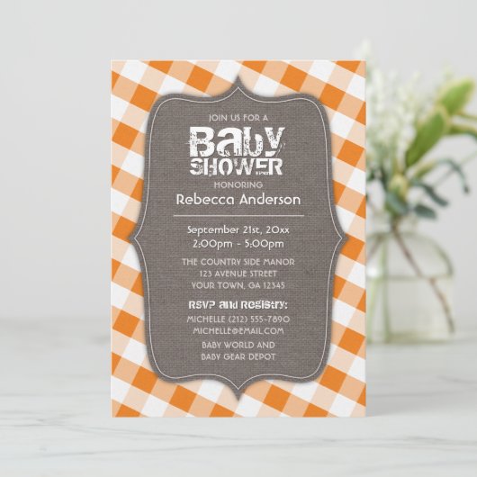 Baby shower van Oranje en wit Gingham Canvas Kaart (Staand voorkant)