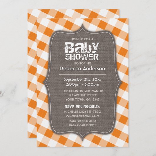 Baby shower van Oranje en wit Gingham Canvas Kaart (Voorkant / Achterkant)
