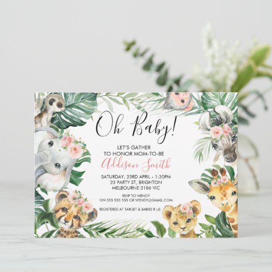 Baby shower van roze Floral Greenery Safari Animal Kaart (Staand voorkant)