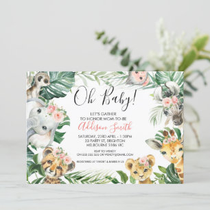 Baby shower van roze Floral Greenery Safari Animal Kaart