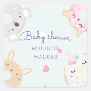 baby shower van schattig dier donuteert monogram vierkante sticker