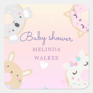 baby shower van schattig dier donuteert monogram vierkante sticker