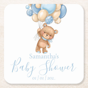 Baby shower van Teddy Bear Blue-ballonnen Vierkante Kartonnen Onderzetter