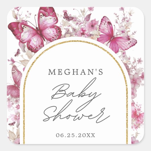 Baby shower van vlinder vierkante sticker (Voorkant)