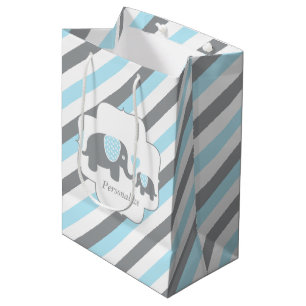 Baby shower van witte, blauwe en grijze stripjes medium cadeauzakje