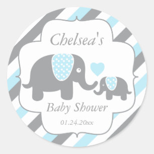 Baby shower van witte, blauwe en grijze stripjes ronde sticker