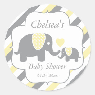 Baby shower van witte, gele en grijze stripjes ronde sticker