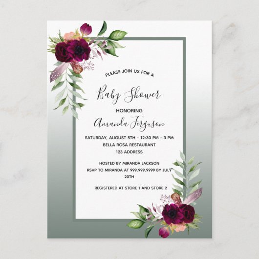 Baby shower vert bordeaux floraux invitation (Devant)