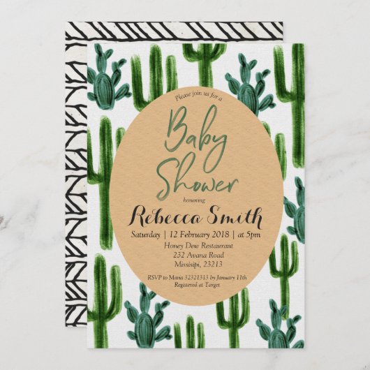 Baby shower vert Cactus Invitation Moderne (Devant / Derrière)
