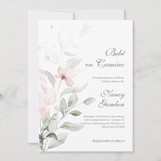 Baby shower vert et rose fleur invitation (Devant)
