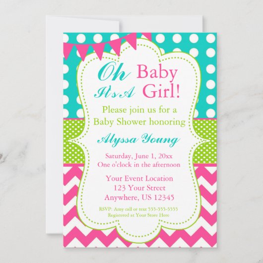 Baby shower vert rose Turquoise Invitation (Devant)