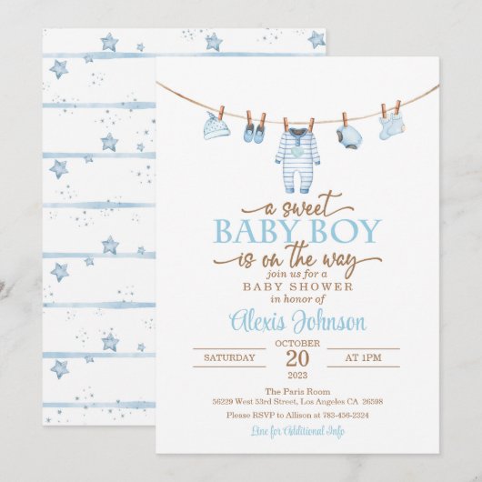 Baby shower Vêtements pour bébés Invitation - Bleu (Devant / Derrière)