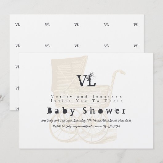Baby shower vintage Invitations Kraft Pram Gold (Devant / Derrière)