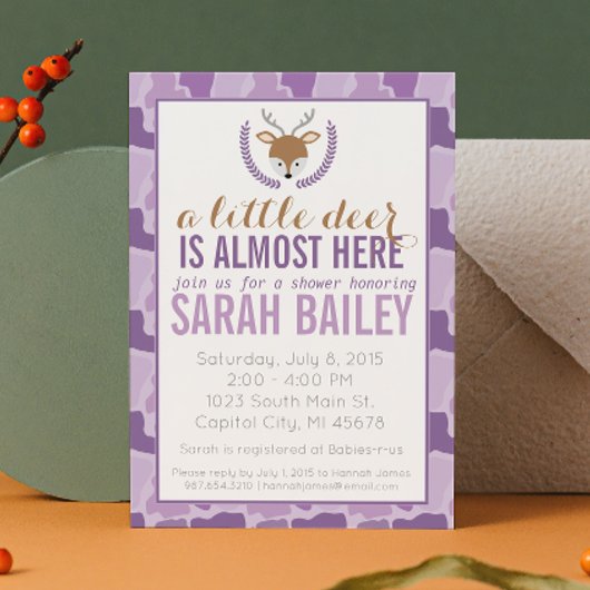 Baby shower violet Camo Little Deer Invitation