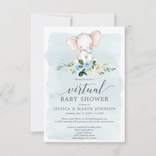 Baby shower virtuel Blue Elephant Invitation (Devant)