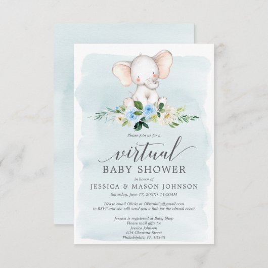 Baby shower virtuel Blue Elephant Invitation (Devant / Derrière)