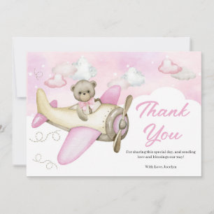Baby shower vliegtuigroze Teddy Bear Bedankkaart