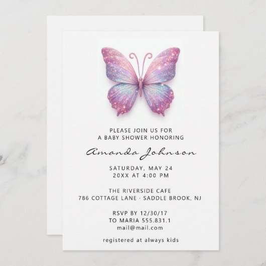 Baby shower Vlinder Meisje Roos Holograf Roze Kaart (Voorkant / Achterkant)