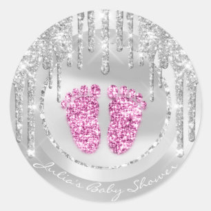 Baby shower Voetroze naam druppelt grijs glitter Ronde Sticker