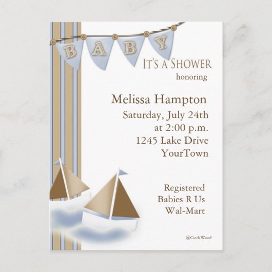 Baby shower Voilier Carte postale Invitation (Devant)