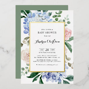 Baby shower voor blauwe brandkranen en roze rozen folie uitnodiging