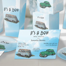 Baby shower voor een jongen, bestelwagen en sedan