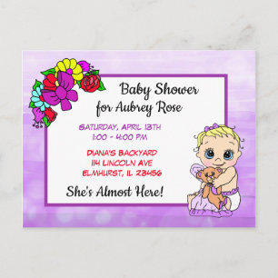 Baby shower voor Girl, Baby en Teddy Bear Paars Briefkaart