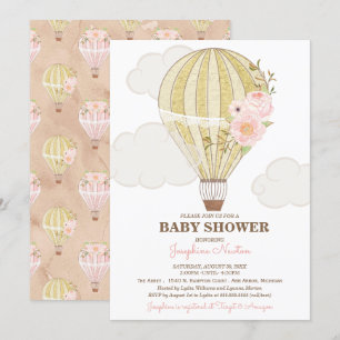 Baby shower voor Goud en roze hot-air ballon Kaart
