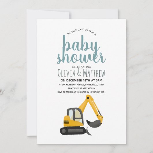 Baby shower voor het Cute Blue Construction Digger Kaart (Voorkant)