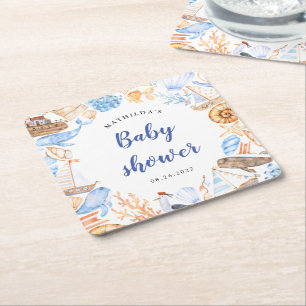 baby shower voor nautische strandillustraties vierkante kartonnen onderzetter