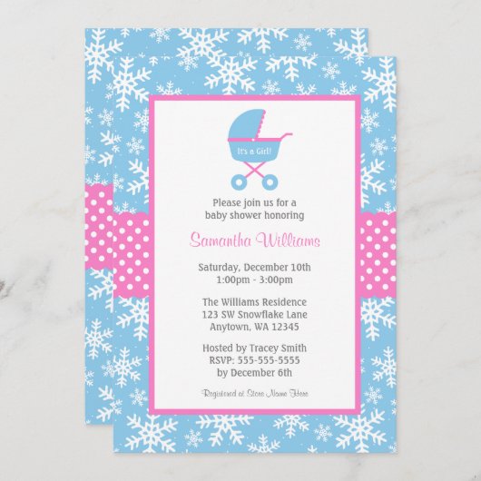 Baby shower voor roze en blauwe carriage Snowflake Kaart (Voorkant / Achterkant)