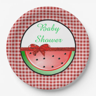 Baby shower Watermeloen Rood Groen Gingham Borden Papieren Bordje