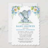 Baby Shower Waterverf Blauwe Bloem Olifant Kaart (Voorkant)