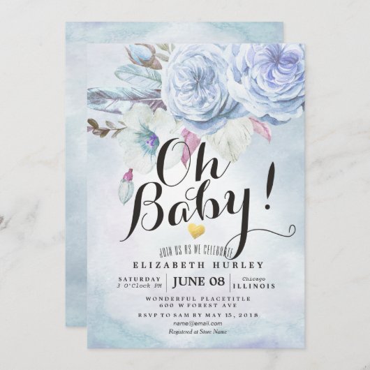 Baby shower Waterverf Bohemibloemen en veren Kaart (Voorkant / Achterkant)