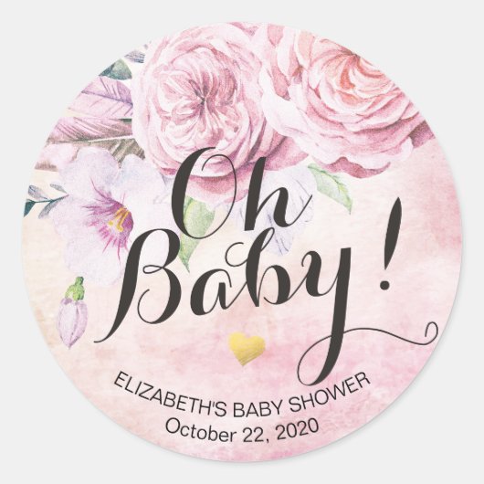 Baby shower Waterverf Bohemibloemen en veren Ronde Sticker (Voorkant)