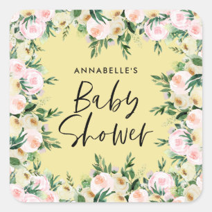 Baby shower waterverf geel girale script vierkante sticker