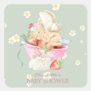 Baby shower Waterverf Girl Fairy Cute Rabbit Vierkante Sticker